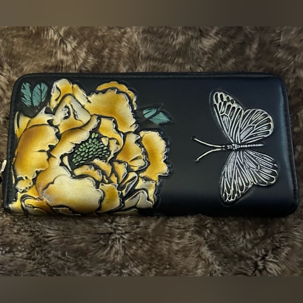 Elegant Aphison Leather Black Wristlet/Wallet Floral and Butterfly Design